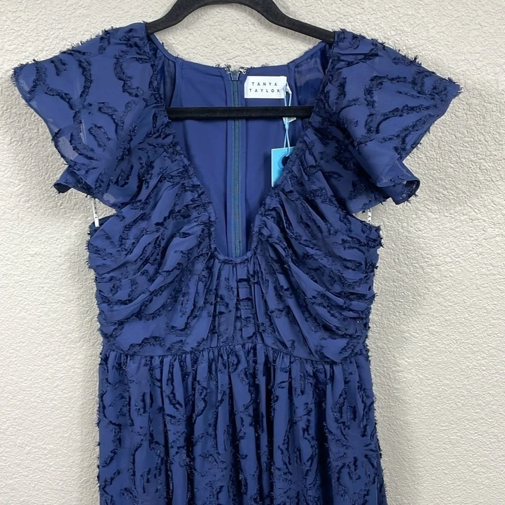 NWT Tanya Taylor Leonie Gown Navy Blue Maxi Formal Notched V Sz 4